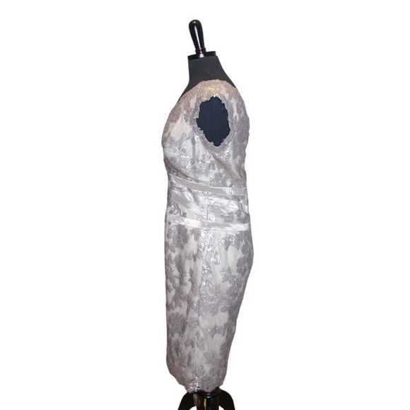 Tadashi Shoji V Neck Sheath Dress Silver Gray Sequin Lace Size 10 - Picture 2 of 4